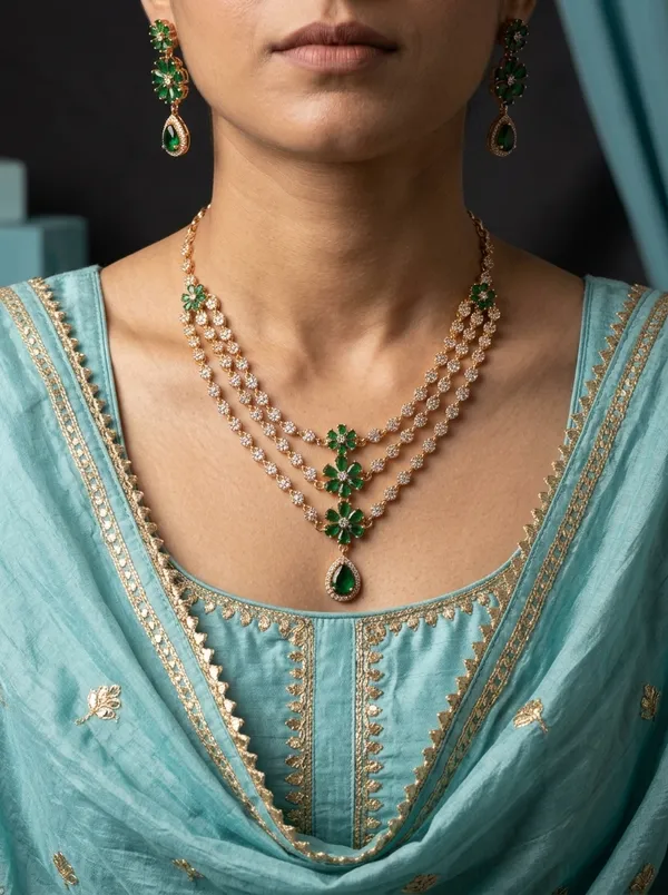 Emerald_Green_CZ_Bridal_Necklace_Set_|_Gold-Plated_Triple-Strand_Festive_Haar_with_Earrings