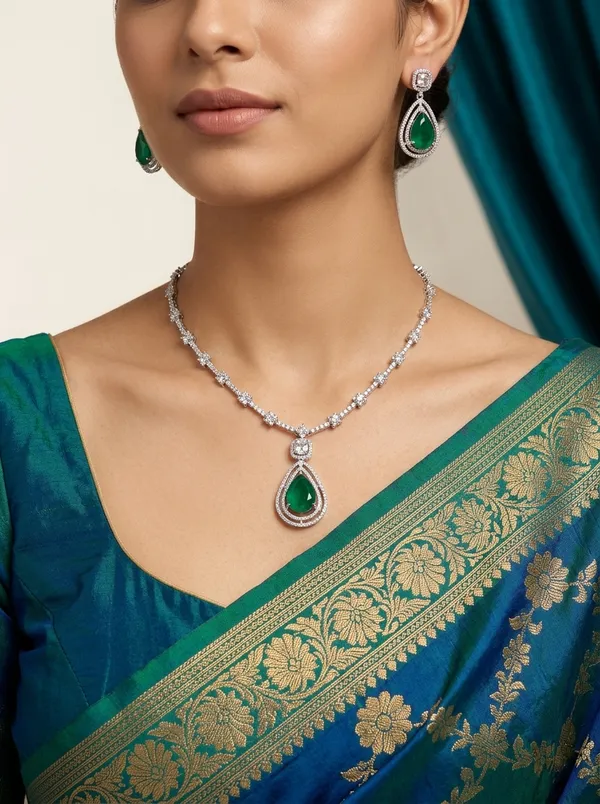 Vosgi_Silver_Toned_Emerald_Green_Teardrop_Halo_Pendant_&_CZ_Link_Necklace_Set
