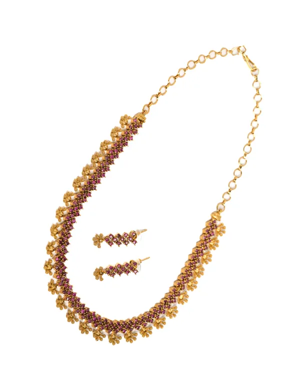 Vosgi_Gold_Plated_Ruby_Pink_Stone_Floral_Drop_Necklace_Set