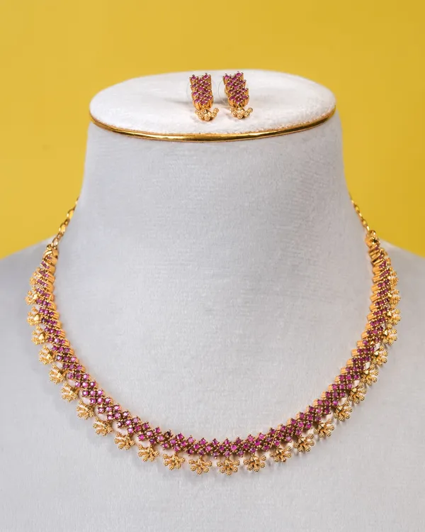 Vosgi_Gold_Plated_Ruby_Pink_Stone_Floral_Drop_Necklace_Set