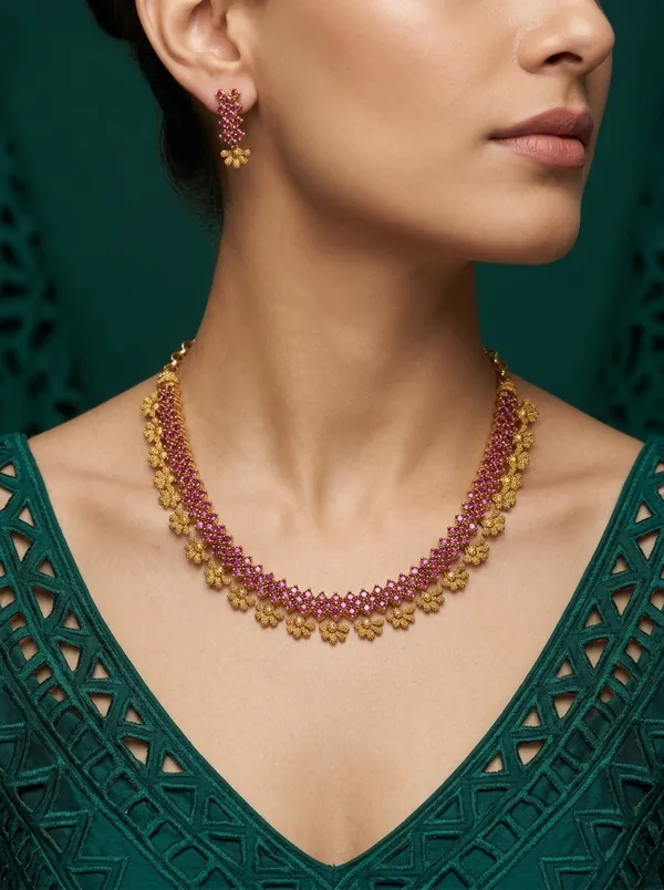 Vosgi_Gold_Plated_Ruby_Pink_Stone_Floral_Drop_Necklace_Set