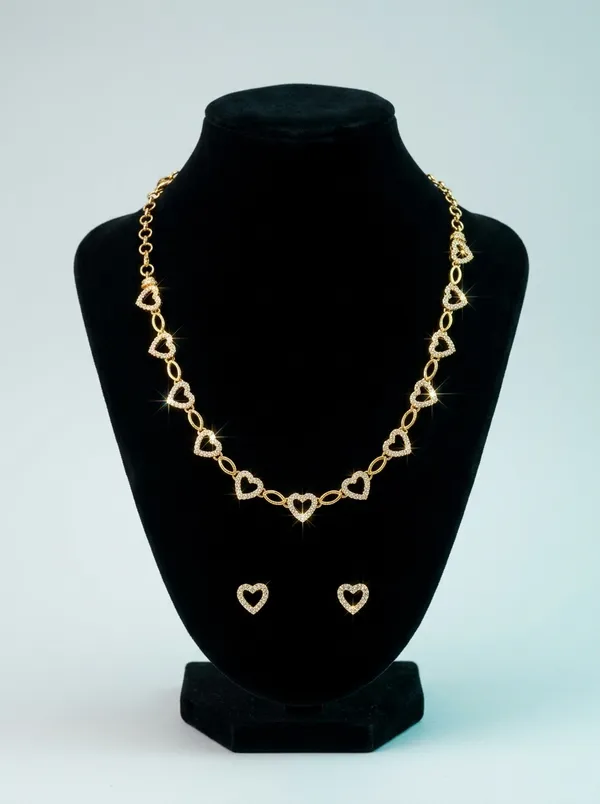 Heart-Link_Crystal_CZ_Chain_Necklace_Set_|_Gold-Plated_Minimalist_Jewellery_with_Earrings
