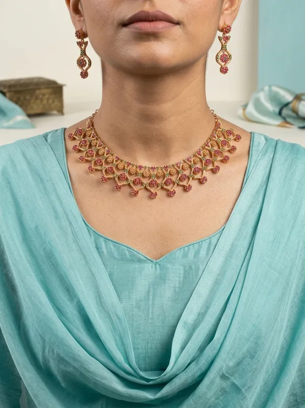 Heritage_Ruby_CZ_Choker_Necklace_Set_|_Gold-Plated_Antique_Bridal_Jewellery_with_Earrings
