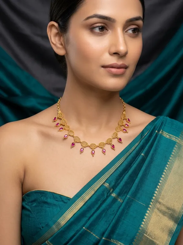 Vosgi_Pink_Stone_Leaf_Link_Gold_Necklace_Design