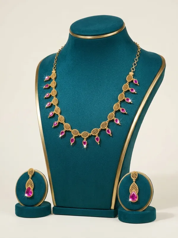 Vosgi_Pink_Stone_Leaf_Link_Gold_Necklace_Design