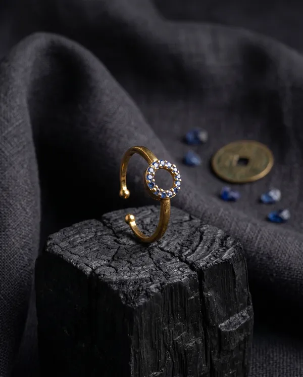 Vosgi_Gold_Plated_Sapphire_Blue_CZ_Open_Circle_Adjustable_Ring