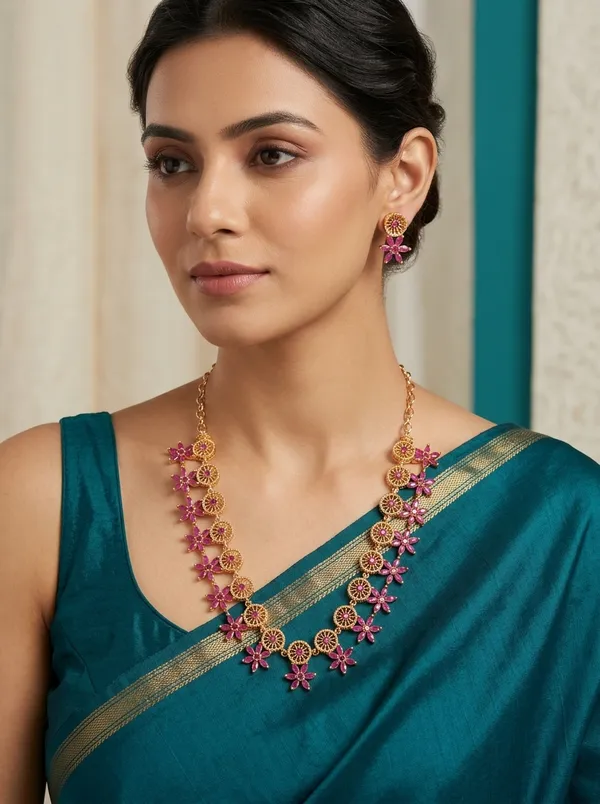 Vosgi_Pink_Floral_Gold_Finish_South_Indian_Necklace_Set