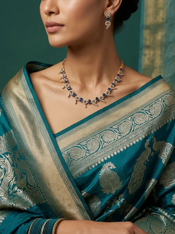 Vosgi_Gold_Plated_Curved_Swirl_Sapphire_Blue_&_White_CZ_Necklace_Set