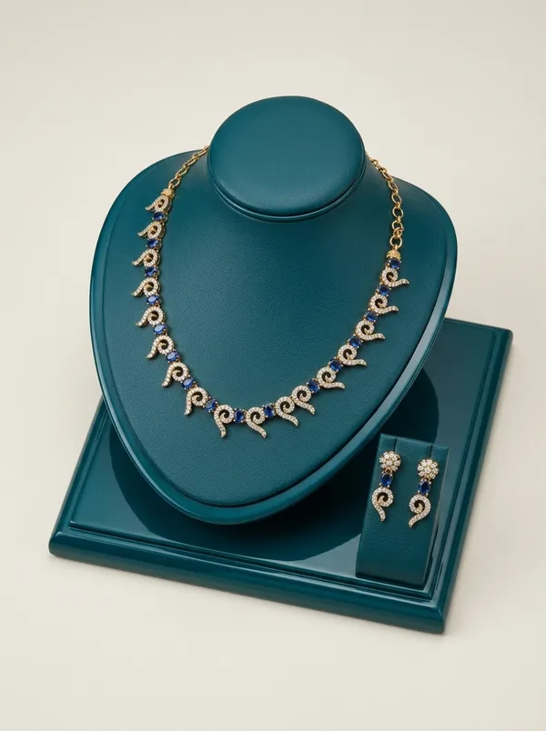 Vosgi_Gold_Plated_Curved_Swirl_Sapphire_Blue_&_White_CZ_Necklace_Set