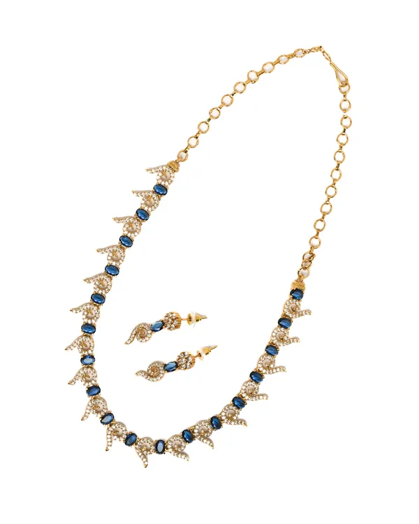 Vosgi_Gold_Plated_Curved_Swirl_Sapphire_Blue_&_White_CZ_Necklace_Set