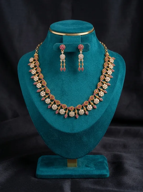 Vosgi_Gold_Plated_Floral_Cluster_Ruby_Pink_&_White_CZ_Necklace_Set
