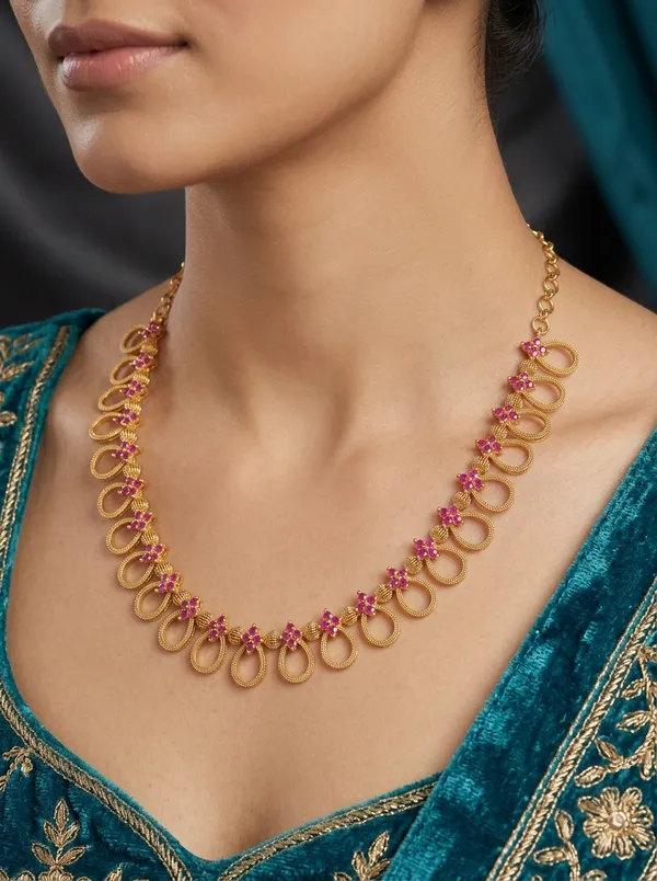 Vosgi_Pink_Stone_Gold_Plated_South_Indian_Short_Necklace