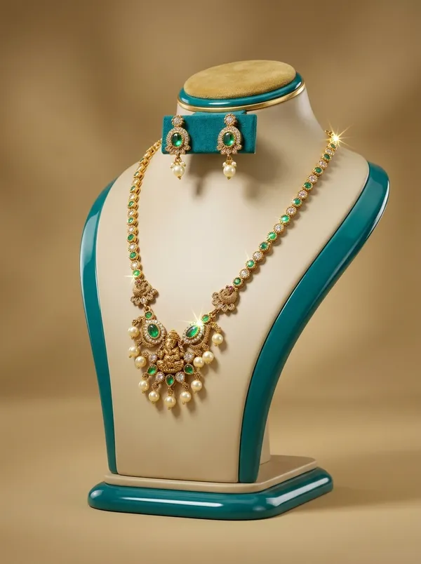 Vosgi_Gold_Plated_Temple_Ganesha_Emerald_&_Pearl_Necklace_Set