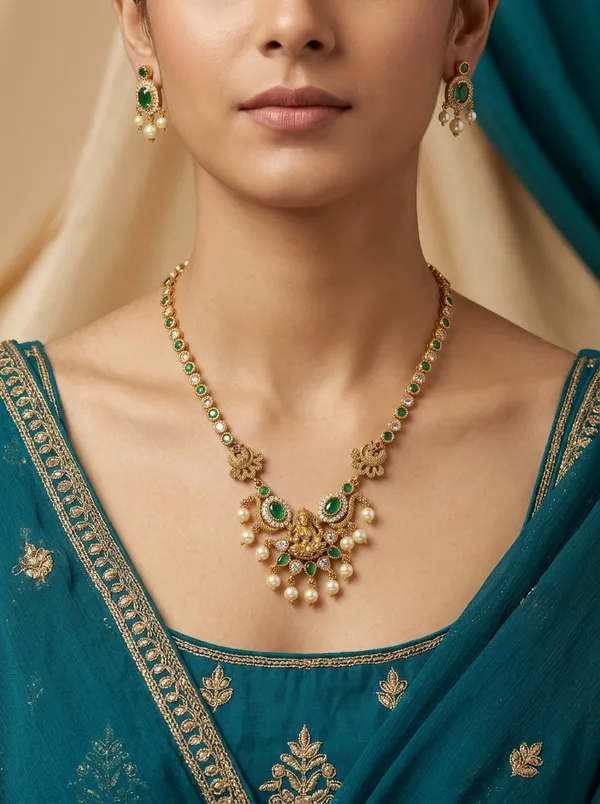 Vosgi_Gold_Plated_Temple_Ganesha_Emerald_&_Pearl_Necklace_Set