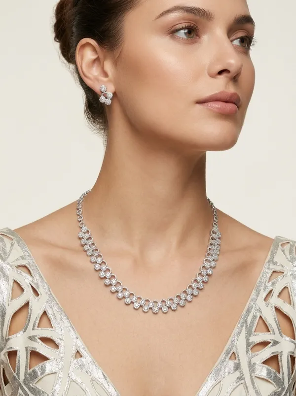 Vosgi_Silver_Toned_Pavé_CZ_Curved_Mesh_Link_Necklace_Set