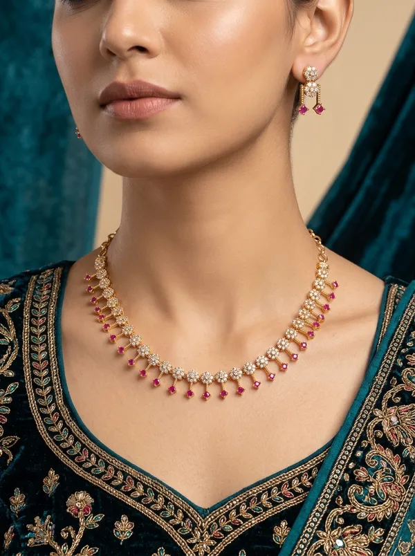 Vosgi_Red_Ruby_White_CZ_Stone_Gold_Plated_South_Indian_Set