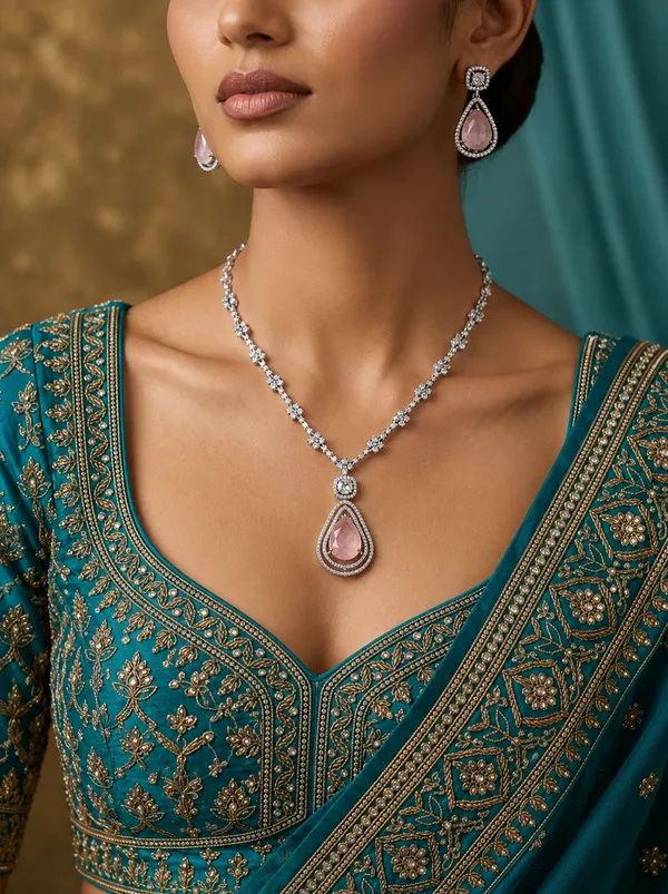 Vosgi_Silver_Toned_Light_Pink_Teardrop_Halo_Pendant_&_CZ_Link_Necklace_Set