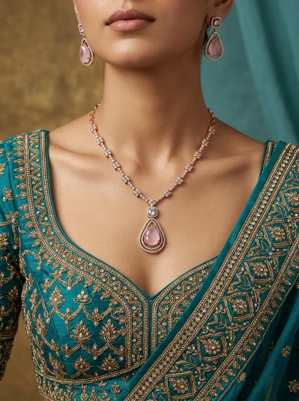Vosgi_Silver_Toned_Light_Pink_Teardrop_Halo_Pendant_&_CZ_Link_Necklace_Set
