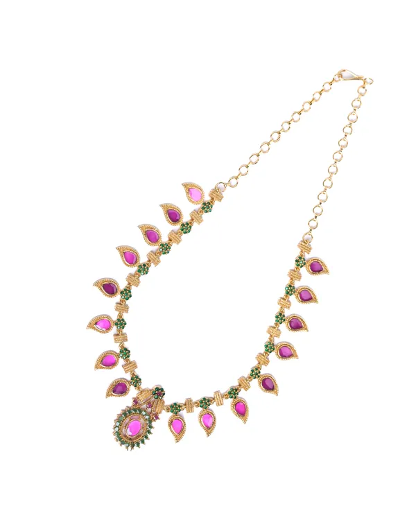Vosgi_Pink_Green_Mango_Mala_South_Indian_Gold_Plated_Necklace