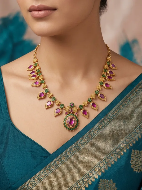 Vosgi_Pink_Green_Mango_Mala_South_Indian_Gold_Plated_Necklace