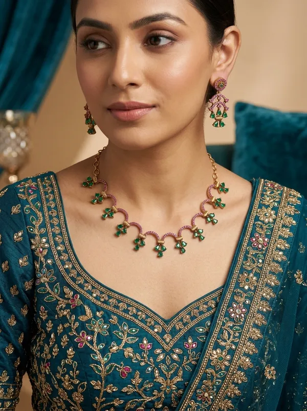 Vosgi_Gold_Plated_Scalloped_Ruby_Pink_&_Emerald_Green_CZ_Cluster_Necklace_Set