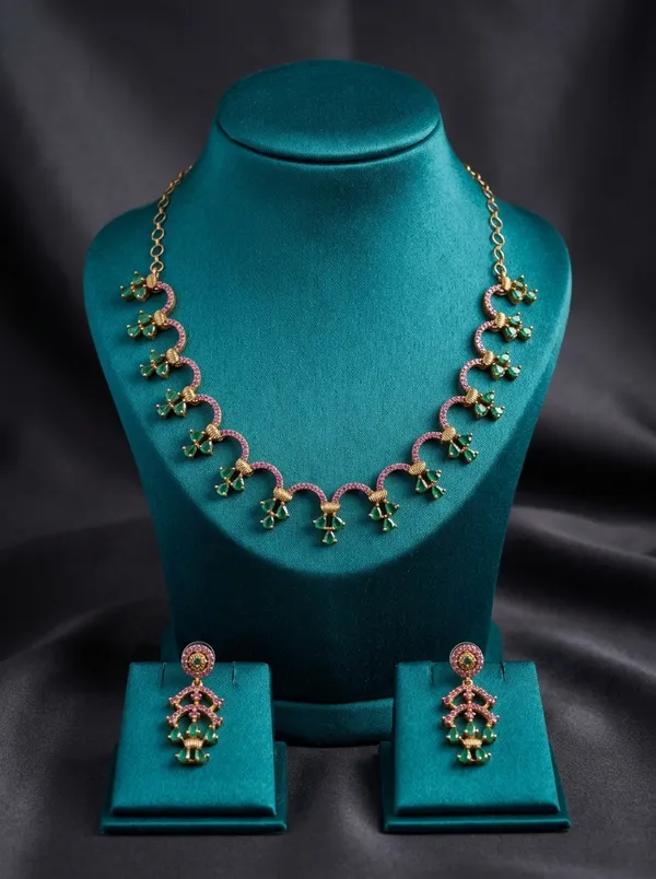 Vosgi_Gold_Plated_Scalloped_Ruby_Pink_&_Emerald_Green_CZ_Cluster_Necklace_Set