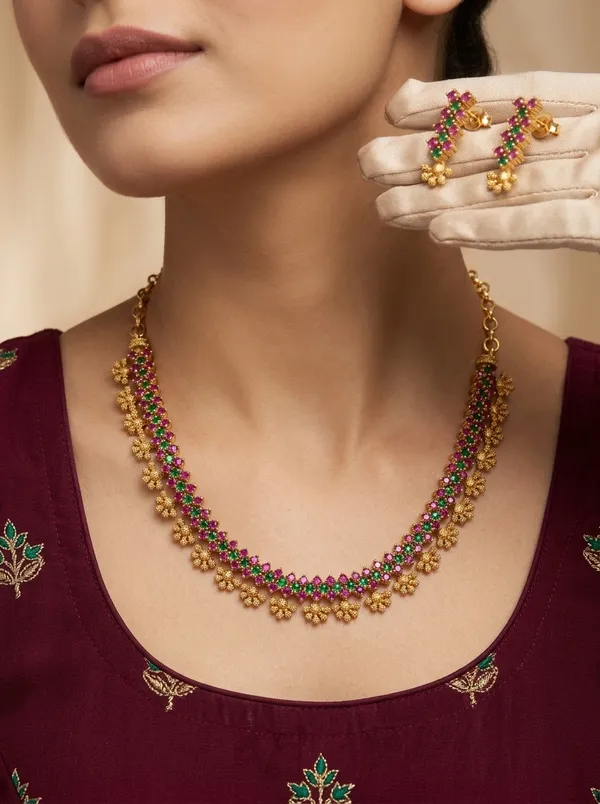 Vosgi_Gold_Plated_Dual_Tone_Ruby_Pink_&_Green_Stone_Floral_Drop_Necklace_Set