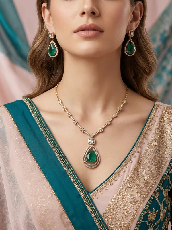 Vosgi_Gold_Plated_Pear-Cut_Emerald_Green_Stone_&_Pavé_CZ_Pendant_Necklace_Set