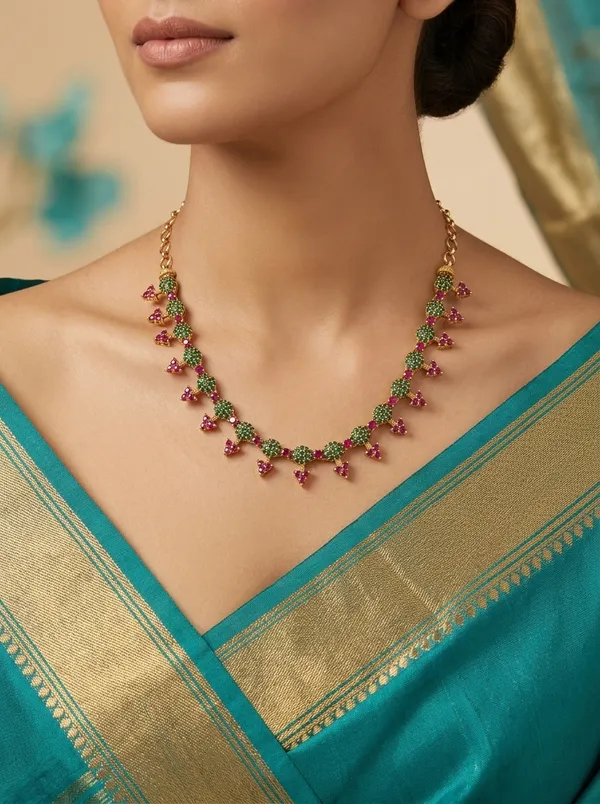 Vosgi_Pink_&_Green_Stone_Floral_Fringe_Necklace_Design