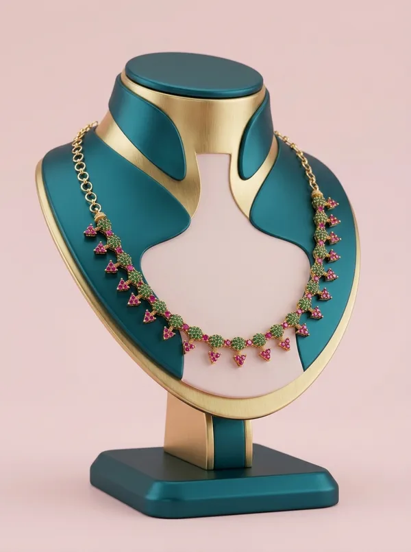 Vosgi_Pink_&_Green_Stone_Floral_Fringe_Necklace_Design