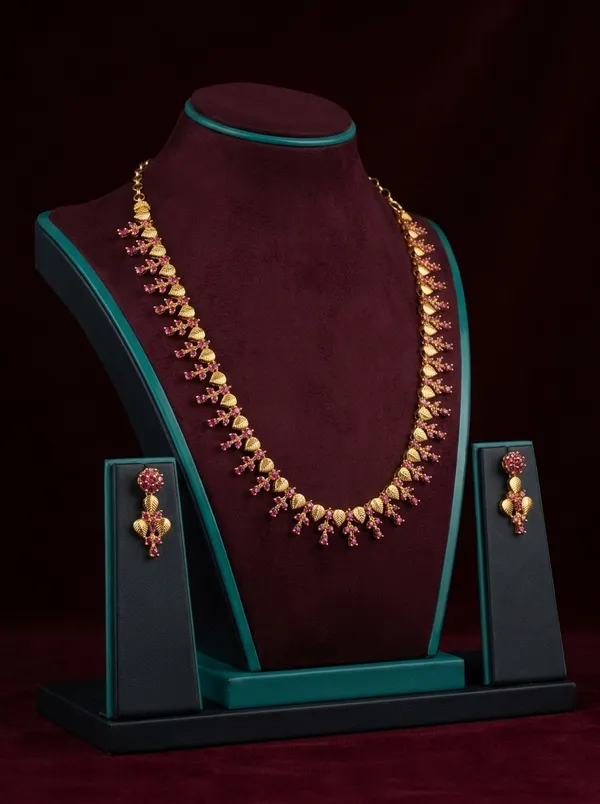 Vosgi_Gold_Plated_Textured_Leaf_Ruby_Pink_Stone_Necklace_Set
