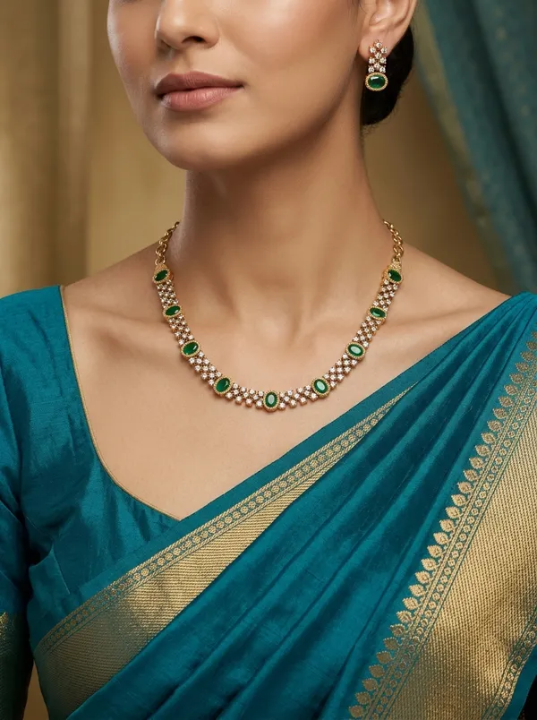 Vosgi_Gold_Plated_Emerald_Green_Oval_Stone_&_Pavé_Lattice_CZ_Necklace_Set