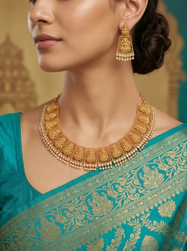 Vosgi_Antique_Gold_Temple_Lakshmi_Necklace_|_White_CZ_Stone