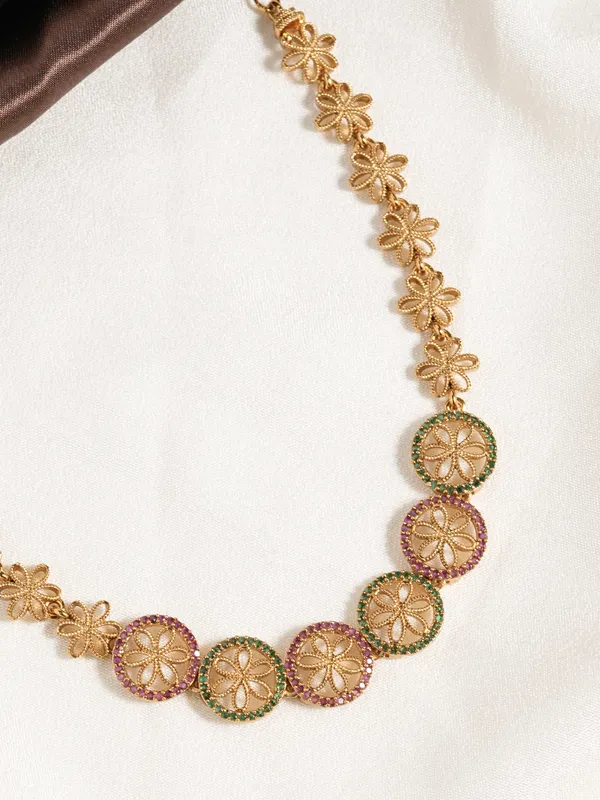 Vosgi_Gold_Plated_Floral_Filigree_&_Multicolour_Emerald_&_Ruby_CZ_Halo_Circle_Necklace
