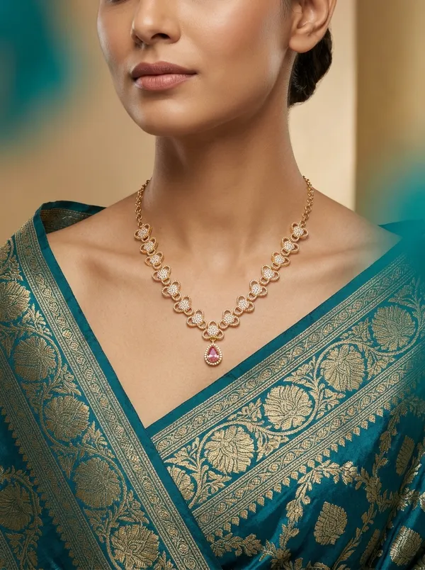 Vosgi_Pink_Stone_Floral_Gold_Necklace_South_Indian_Style
