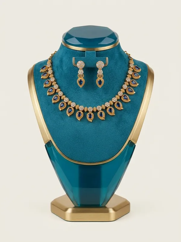 Vosgi_Gold_Plated_Sapphire_Blue_Mango_Paisley_&_White_CZ_Necklace_Set