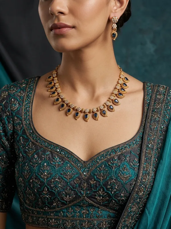 Vosgi_Gold_Plated_Sapphire_Blue_Mango_Paisley_&_White_CZ_Necklace_Set
