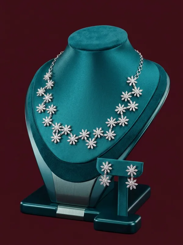 Vosgi_Silver_Toned_Pavé_CZ_Floral_Cluster_Waterfall_Necklace_Set