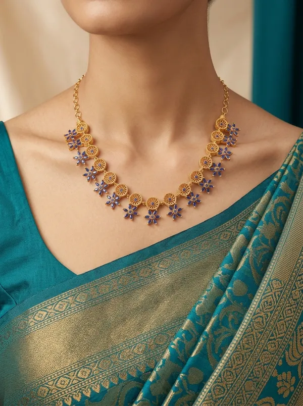 Vosgi_Blue_Floral_Gold_Finish_South_Indian_Necklace_Set