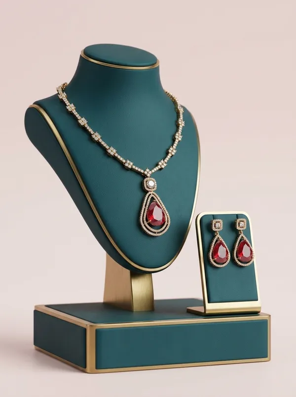 Vosgi_Gold_Plated_Pear-Cut_Ruby_Red_Stone_&_Pavé_CZ_Pendant_Necklace_Set