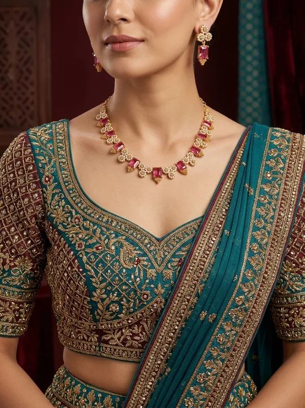 Vosgi_Red_Floral_Gold_Finish_South_Indian_Necklace_Set