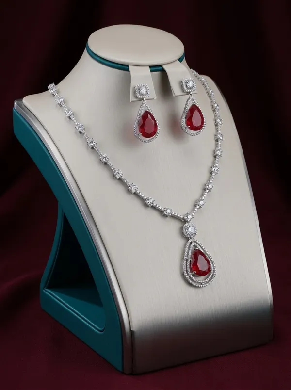 Vosgi_Silver_Toned_Ruby_Pink_Teardrop_Halo_Pendant_&_CZ_Link_Necklace_Set