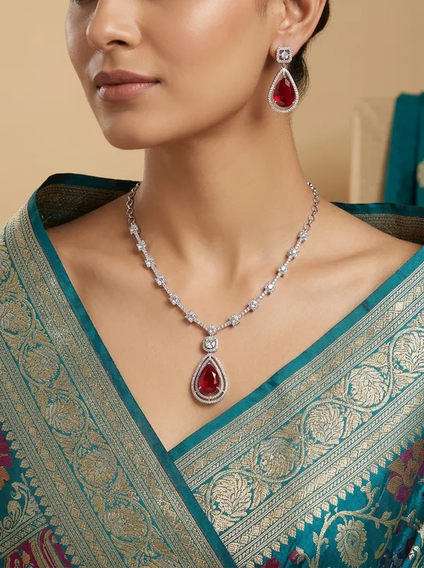Vosgi_Silver_Toned_Ruby_Pink_Teardrop_Halo_Pendant_&_CZ_Link_Necklace_Set