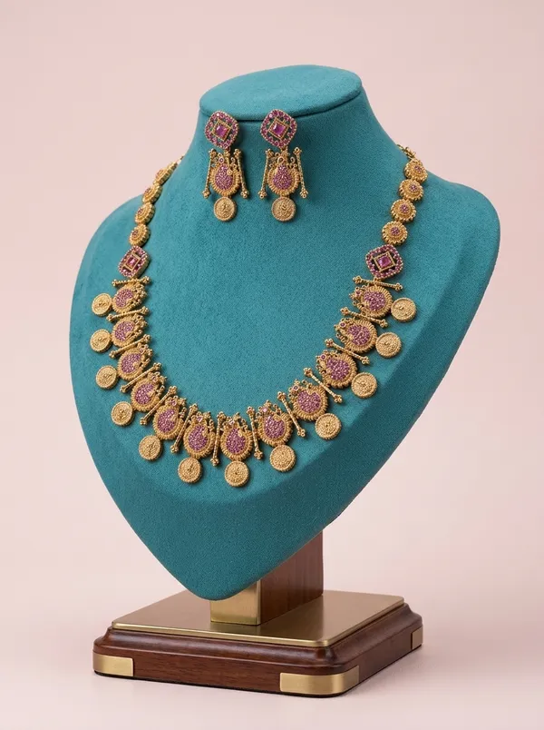 Vosgi_Pink_Stone_Medallion_Drop_Necklace_Set_Design