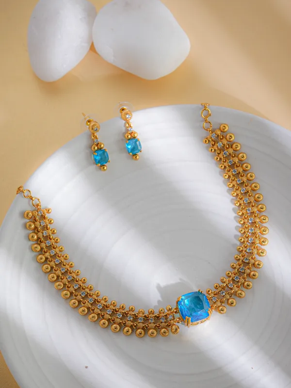 Vosgi_Gold_Plated_Aqua_Blue_Centerpiece_&_Beaded_Mesh_Choker_Necklace_Set