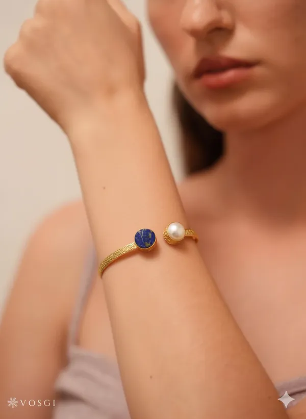 Vosgi_Gold_Plated_Textured_Pearl_&_Lapis_Lazuli_Open_Cuff_Bangle