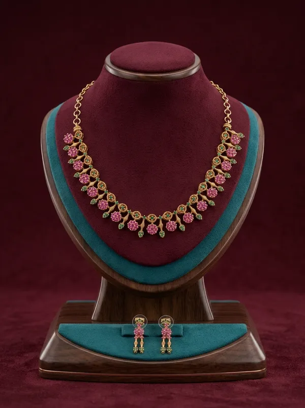 Vosgi_Gold_Plated_Floral_Cluster_Ruby_Pink_&_Green_Stone_Necklace_Set