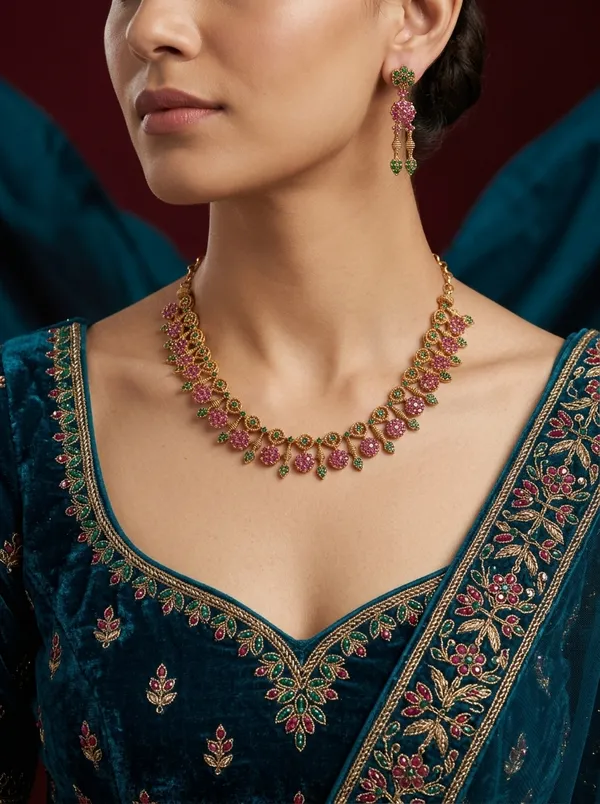 Vosgi_Gold_Plated_Floral_Cluster_Ruby_Pink_&_Green_Stone_Necklace_Set
