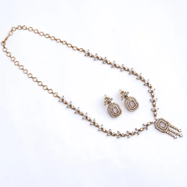 Vosgi_Gold_Plated_Light_Pink_Stone_Octagon_Pendant_&_Marquise_CZ_Leaf_Necklace_Set