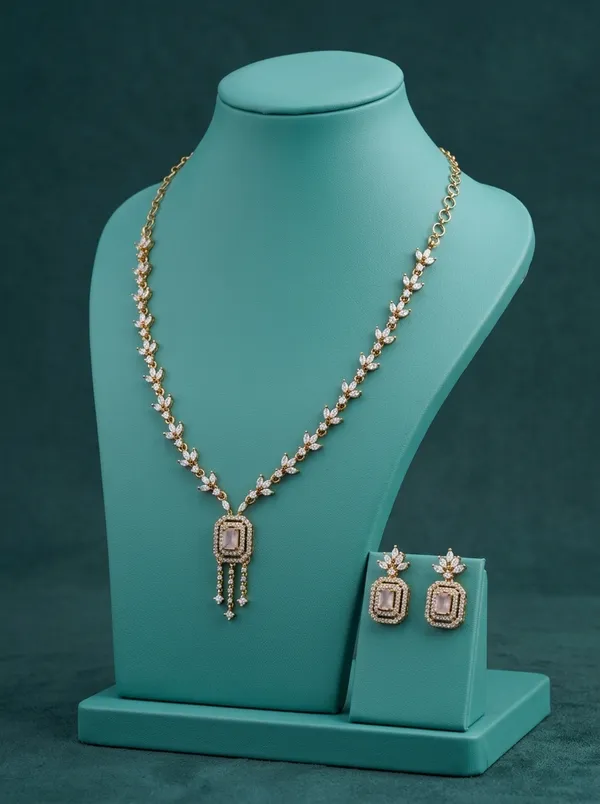 Vosgi_Gold_Plated_Light_Pink_Stone_Octagon_Pendant_&_Marquise_CZ_Leaf_Necklace_Set
